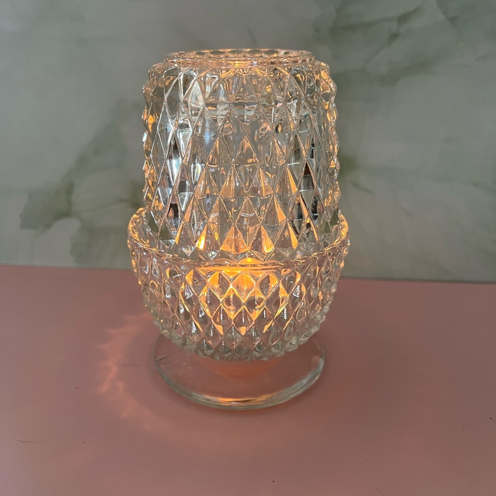 Vintage Indiana Glass Diamond Point Clear Fairy Lamp 2 Pc Candle Votive Holder